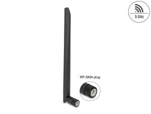 DeLOCK WLAN 802.11 ac/ax/a Antenne RP-SMA Stecker 5 dBi 20 cm omnidirektional mit Kippgelenk und flexiblem Material schwarz