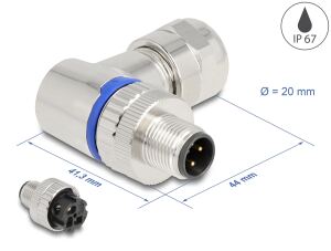 DeLOCK M12 Steckverbinder A-kodiert 3 Pin Stecker zur Montage mit Schraubanschluss 90° gewinkelt Metall