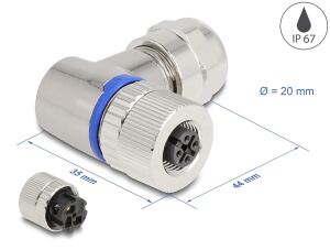 DeLOCK M12 Steckverbinder A-kodiert 3 Pin Buchse zur Montage mit Schraubanschluss 90° gewinkelt Metall