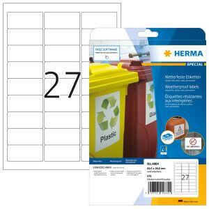 HERMA Inkjet-Etiketten A4 63.5x29.6 mm weiß Folie matt wetterfest 270 St.