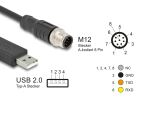 DeLOCK M12 Serielles Anschlusskabel mit FTDI Chipsatz, USB 2.0 Typ-A Stecker zu M12 RS-232 Stecker A-kodiert 8 Pin 1,8 m schwarz