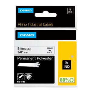 DYMO Rhino Industrie Permanente Polyesteretiketten | 9 mm x 5,5 m | Schwarz auf Weiß | selbstklebendes Schriftband | für Rhino und LabelManager Beschriftungsgerät
