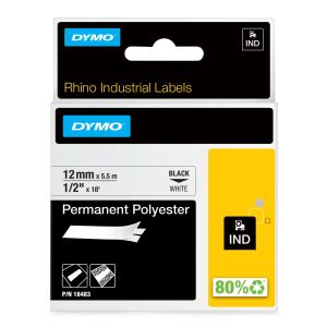 DYMO Rhino Industrie Permanente Polyesteretiketten | 12 mm x 5,5 m | Schwarz auf Weiß | selbstklebendes Schriftband | für Rhino und LabelManager Beschriftungsgerät