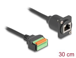 DeLOCK D-Typ Kabel RJ45 Buchse zu Terminalblock mit Drucktaster Cat.5e schwarz 30 cm