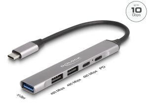 Delock 4 Port Slim USB Type-C HUB mit 1x USB 10 Gbps Typ-A