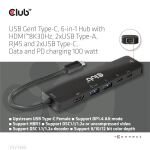 CLUB3D USB Gen1 Type-C, 6-in-1 Hub with HDMI 8K30Hz, 2xUSB Type-A, RJ45 and 2xUSB Type-C, Data and PD charging 100 watt