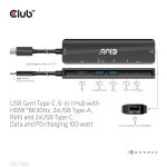 CLUB3D USB Gen1 Type-C, 6-in-1 Hub with HDMI 8K30Hz, 2xUSB Type-A, RJ45 and 2xUSB Type-C, Data and PD charging 100 watt