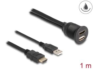 DeLOCK Kabel HDMI-A Stecker und USB 2.0 Typ-A Stecker zu HDMI-A Buchse und USB 2.0 Typ-A Buchse zum Einbau wasserfest 1 m