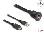 DeLOCK Kabel HDMI-A Stecker und USB 2.0 Typ-A Stecker zu HDMI-A Buchse und USB 2.0 Typ-A Buchse zum Einbau wasserfest 1 m