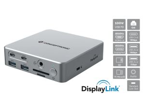 Conceptronic DONN25G 15-in-1 DisplayLink USB 3.2 Gen 2 Dockingstation, 4K60Hz Triple-Display, HDMI x 2, DisplayPort, USB-C 10 Gbit/s x 2, USB-A 10 Gbit/s x 2, USB-A 5 Gbit/s x 2, SD, TF/MicroSD, GbE, Audio, DC-Eingang, Sicherheitssteckplatz, PD 3,0