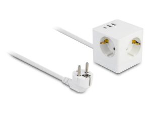 DeLOCK Steckdosenwürfel mit Verlängerungskabel 3-fach mit Kindersicherung und USB Ladegerät, 1,5 m Kabel, weiß