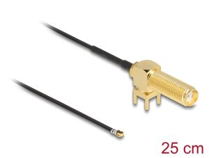 DeLOCK Antennenkabel SMA 90° PCB Buchse zum Einbau zu I-PEX Inc., MHF® 4L Stecker 1.13 25 cm Gewindelänge 15 mm