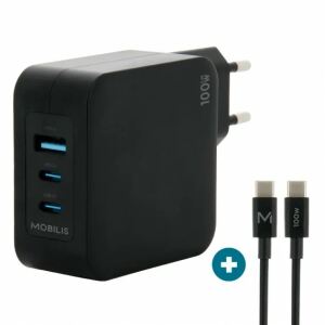 Mobilis Charger 100W 2USB C 1USBA GaN cable 100W Laptop, Smartphone, Tablets Schwarz AC Drinnen