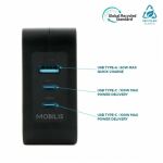 Mobilis Charger 100W 2USB C 1USBA GaN cable 100W Laptop, Smartphone, Tablets Schwarz AC Drinnen