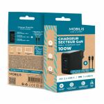 Mobilis Charger 100W 2USB C 1USBA GaN cable 100W Laptop, Smartphone, Tablets Schwarz AC Drinnen