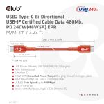 CLUB3D USB2 Typ-C Bi-Direktionales USB-IF zertifiziertes Kabel 480Mb, PD 240W(48V/5A) EPR St./St. 1m
