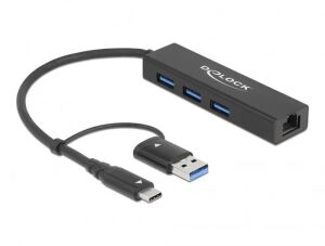 DeLOCK 3 Port USB 3.2 Gen 1 Hub + Gigabit LAN mit USB Type-C oder USB Typ-A Anschluss