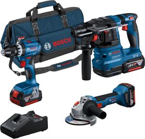 Bosch Professional 18V System Akku-Combo Kit: GSB 18V-45 + GBH 18V-22 + GWS 18V-8 (inkl. 3x GBA 4.0A
