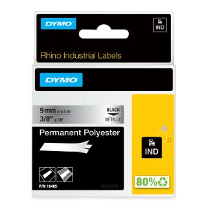 DYMO Rhino Industrie Permanente Polyesteretiketten | 9 mm x 5,5 m | Schwarz auf Metallic | selbstklebendes Schriftband | für Rhino und LabelManager Beschriftungsgerät
